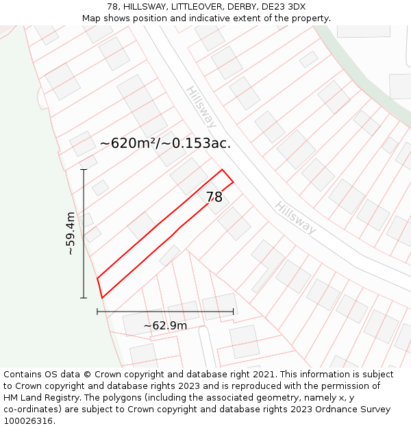 78, HILLSWAY, LITTLEOVER, DERBY, DE23 3DX: Plot and title map