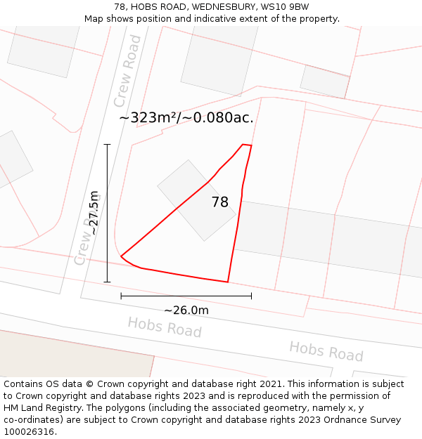 78, HOBS ROAD, WEDNESBURY, WS10 9BW: Plot and title map