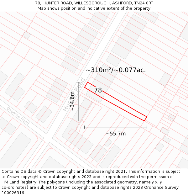 78, HUNTER ROAD, WILLESBOROUGH, ASHFORD, TN24 0RT: Plot and title map