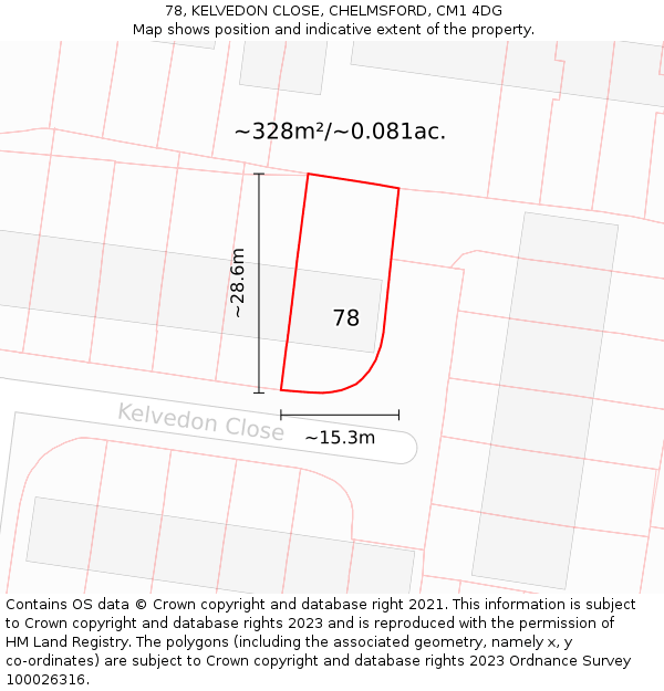 78, KELVEDON CLOSE, CHELMSFORD, CM1 4DG: Plot and title map
