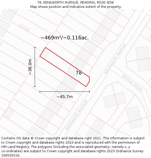 78, KENILWORTH AVENUE, READING, RG30 3DW: Plot and title map