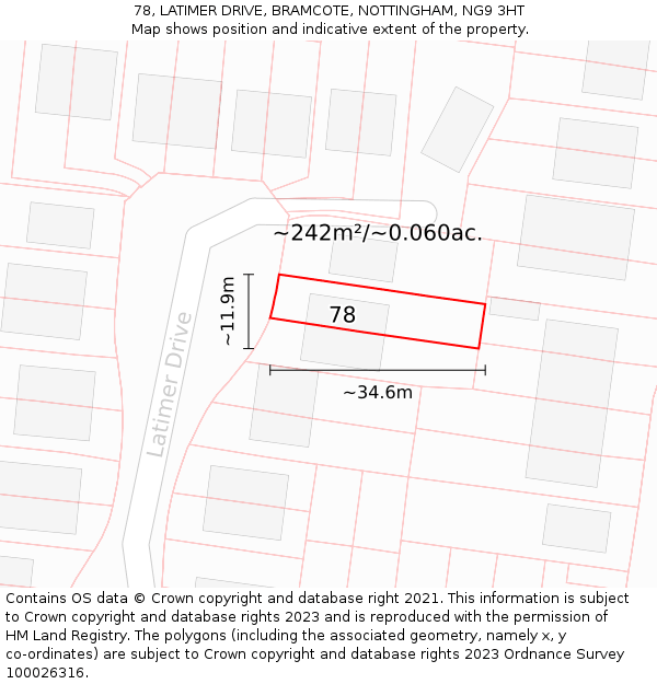 78, LATIMER DRIVE, BRAMCOTE, NOTTINGHAM, NG9 3HT: Plot and title map