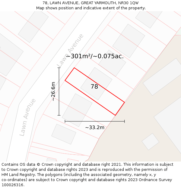 78, LAWN AVENUE, GREAT YARMOUTH, NR30 1QW: Plot and title map