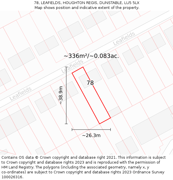 78, LEAFIELDS, HOUGHTON REGIS, DUNSTABLE, LU5 5LX: Plot and title map
