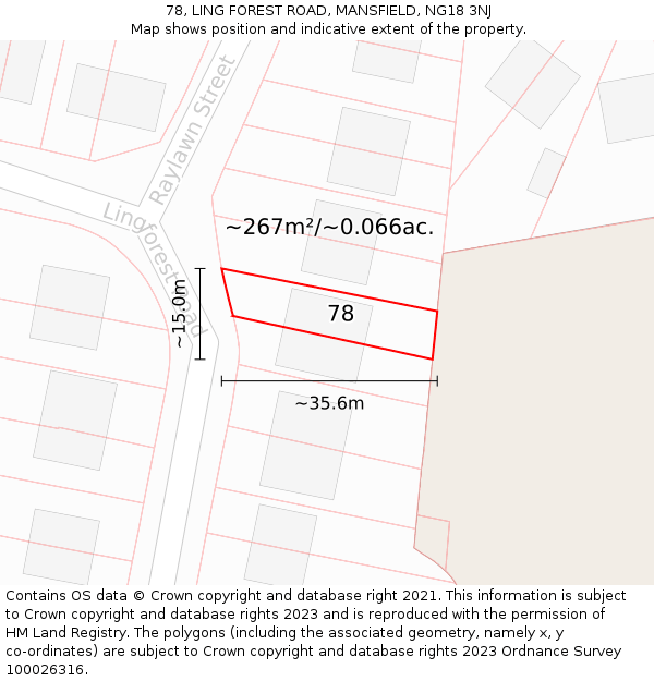 78, LING FOREST ROAD, MANSFIELD, NG18 3NJ: Plot and title map