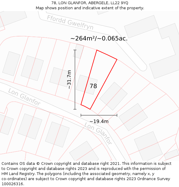 78, LON GLANFOR, ABERGELE, LL22 9YQ: Plot and title map