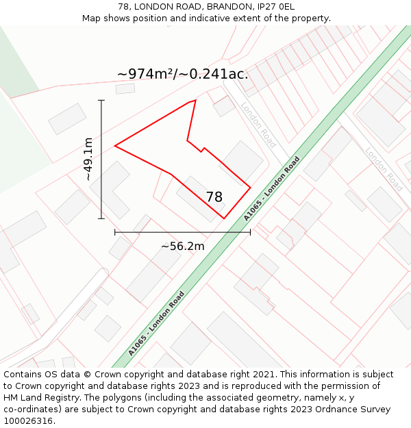 78, LONDON ROAD, BRANDON, IP27 0EL: Plot and title map