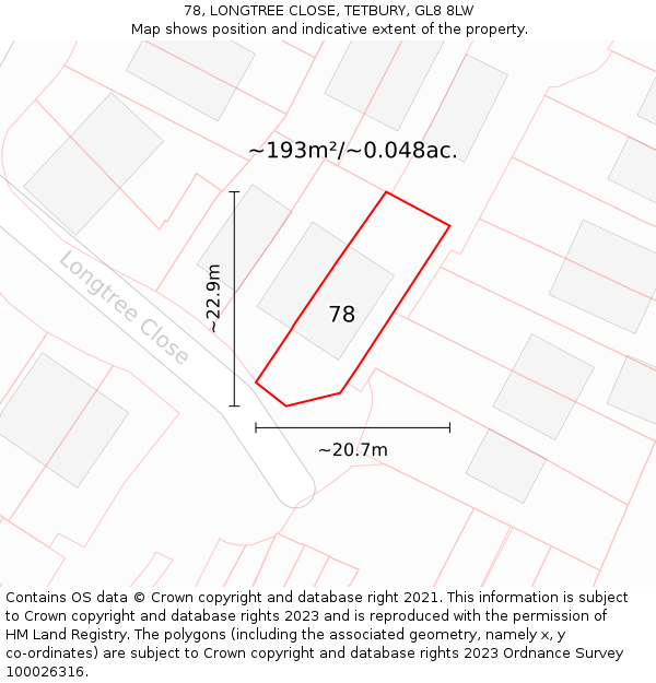 78, LONGTREE CLOSE, TETBURY, GL8 8LW: Plot and title map