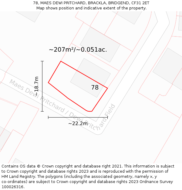 78, MAES DEWI PRITCHARD, BRACKLA, BRIDGEND, CF31 2ET: Plot and title map