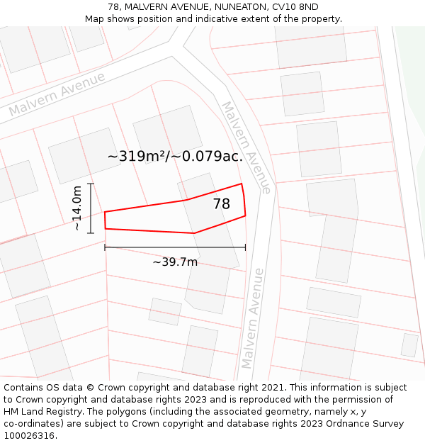 78, MALVERN AVENUE, NUNEATON, CV10 8ND: Plot and title map