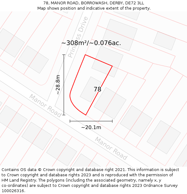 78, MANOR ROAD, BORROWASH, DERBY, DE72 3LL: Plot and title map