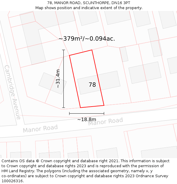 78, MANOR ROAD, SCUNTHORPE, DN16 3PT: Plot and title map