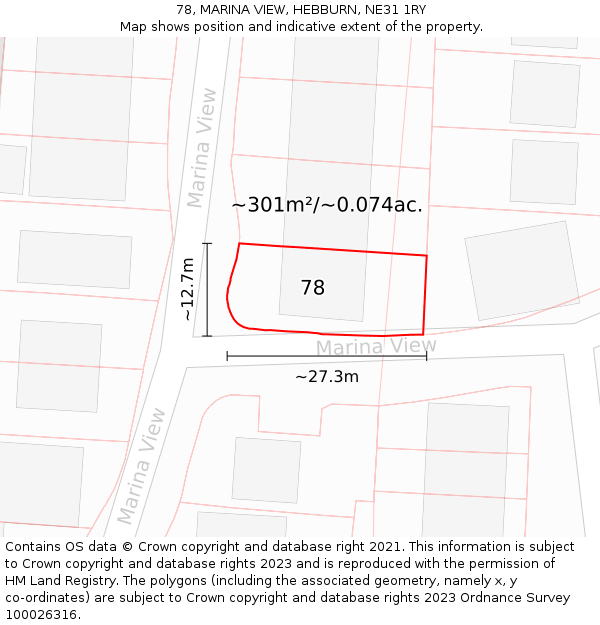 78, MARINA VIEW, HEBBURN, NE31 1RY: Plot and title map