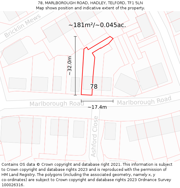 78, MARLBOROUGH ROAD, HADLEY, TELFORD, TF1 5LN: Plot and title map