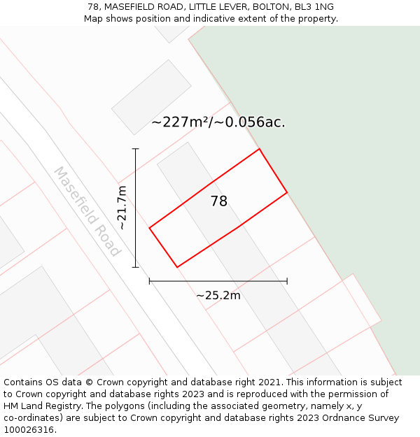 78, MASEFIELD ROAD, LITTLE LEVER, BOLTON, BL3 1NG: Plot and title map