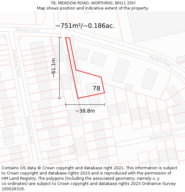 78, MEADOW ROAD, WORTHING, BN11 2SH: Plot and title map