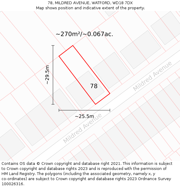 78, MILDRED AVENUE, WATFORD, WD18 7DX: Plot and title map