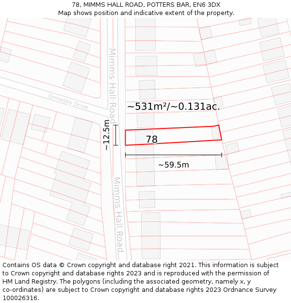 78, MIMMS HALL ROAD, POTTERS BAR, EN6 3DX: Plot and title map