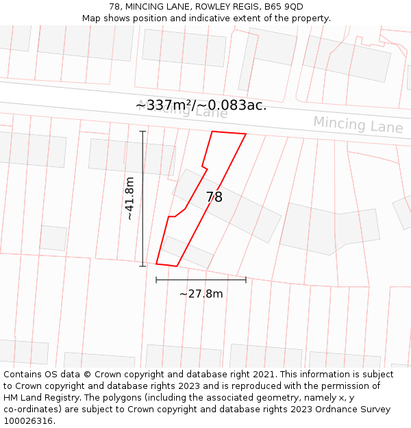78, MINCING LANE, ROWLEY REGIS, B65 9QD: Plot and title map