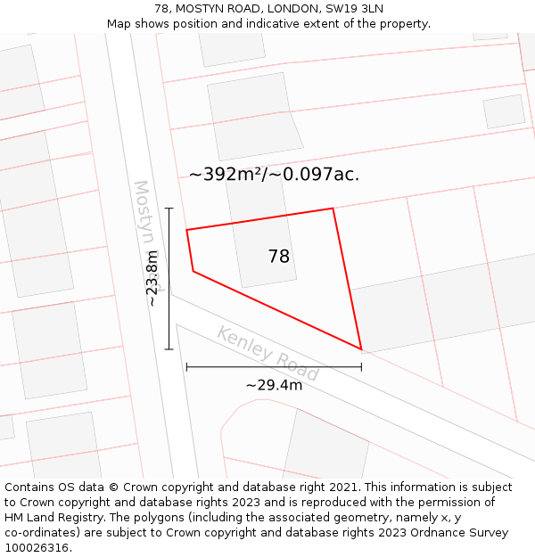 78, MOSTYN ROAD, LONDON, SW19 3LN: Plot and title map
