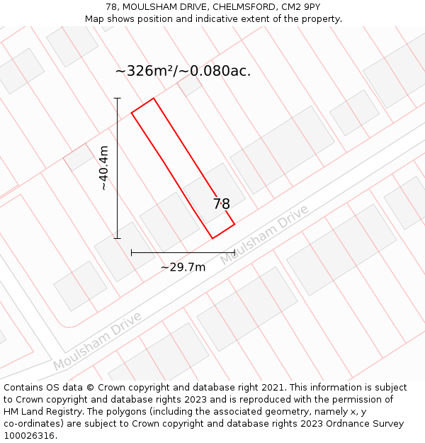 78, MOULSHAM DRIVE, CHELMSFORD, CM2 9PY: Plot and title map