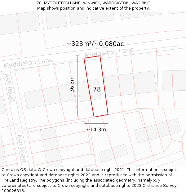 78, MYDDLETON LANE, WINWICK, WARRINGTON, WA2 8NG: Plot and title map