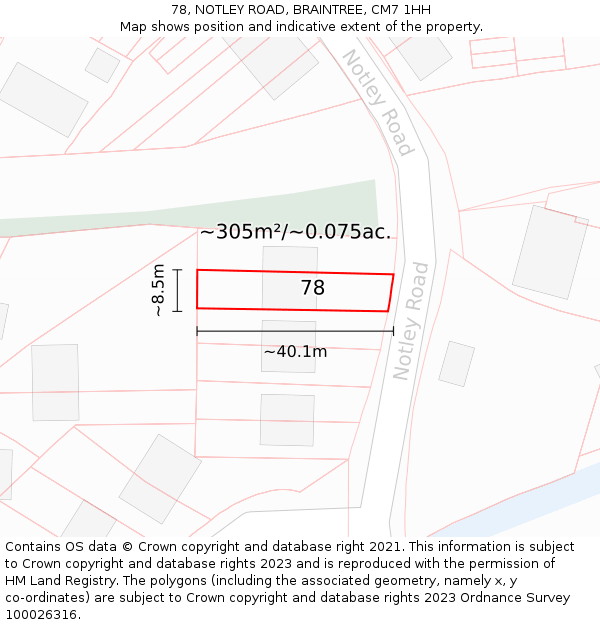 78, NOTLEY ROAD, BRAINTREE, CM7 1HH: Plot and title map