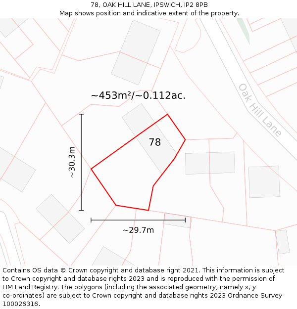 78, OAK HILL LANE, IPSWICH, IP2 8PB: Plot and title map
