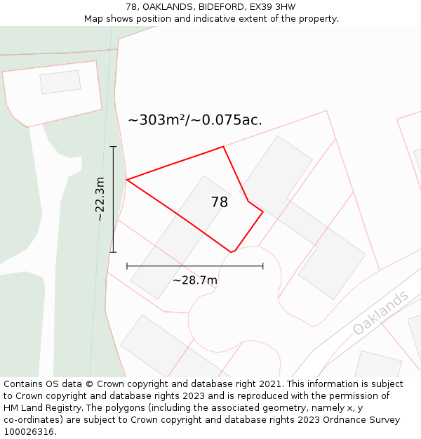 78, OAKLANDS, BIDEFORD, EX39 3HW: Plot and title map