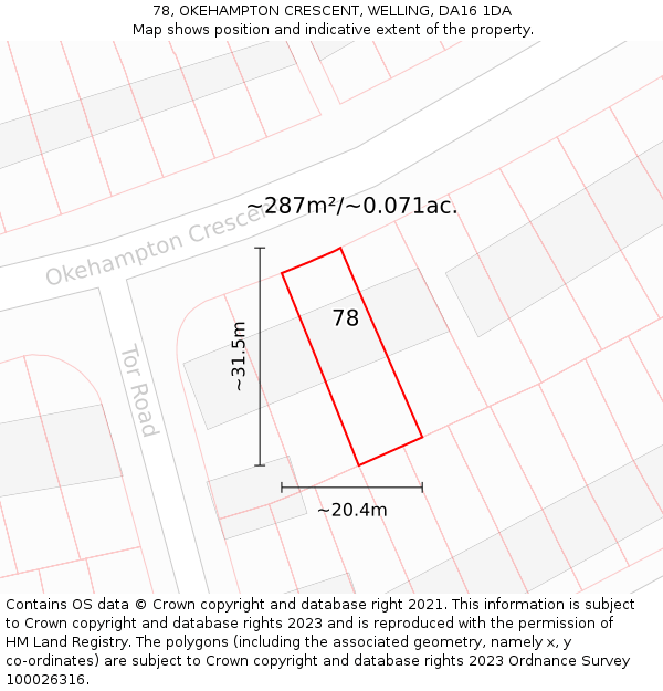 78, OKEHAMPTON CRESCENT, WELLING, DA16 1DA: Plot and title map