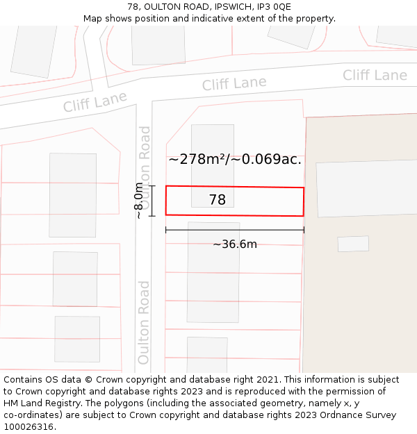 78, OULTON ROAD, IPSWICH, IP3 0QE: Plot and title map