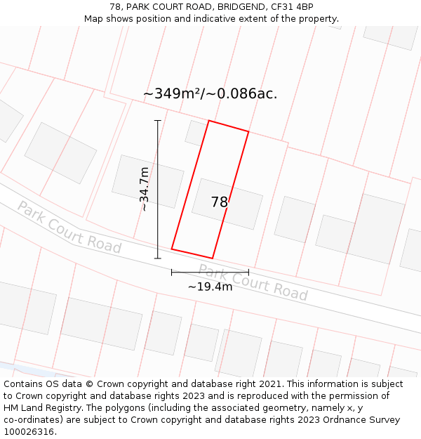 78, PARK COURT ROAD, BRIDGEND, CF31 4BP: Plot and title map