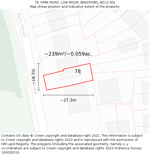 78, PARK ROAD, LOW MOOR, BRADFORD, BD12 0DJ: Plot and title map