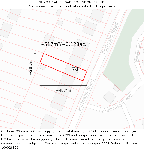 78, PORTNALLS ROAD, COULSDON, CR5 3DE: Plot and title map
