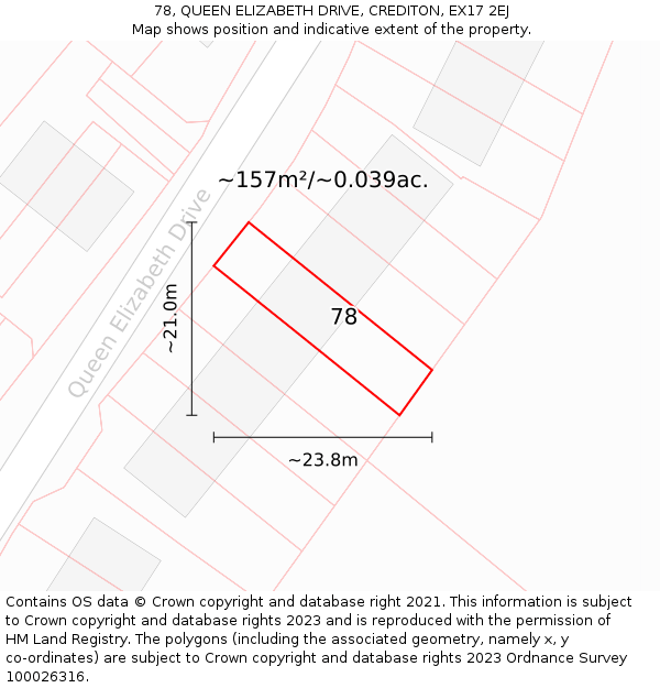 78, QUEEN ELIZABETH DRIVE, CREDITON, EX17 2EJ: Plot and title map