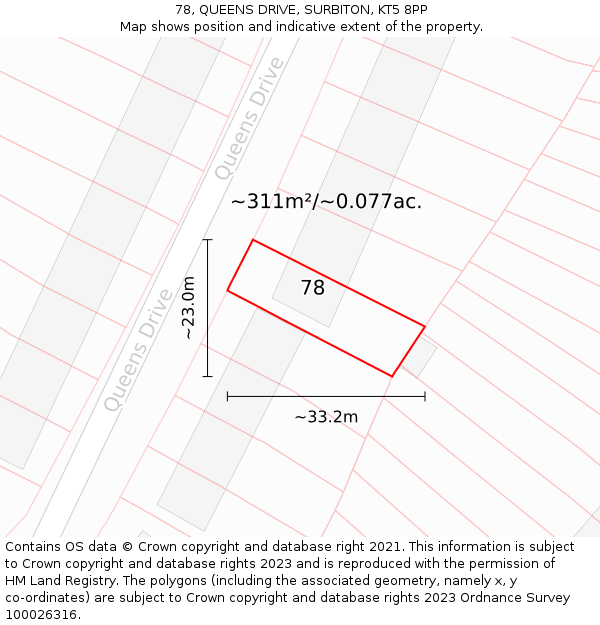 78, QUEENS DRIVE, SURBITON, KT5 8PP: Plot and title map