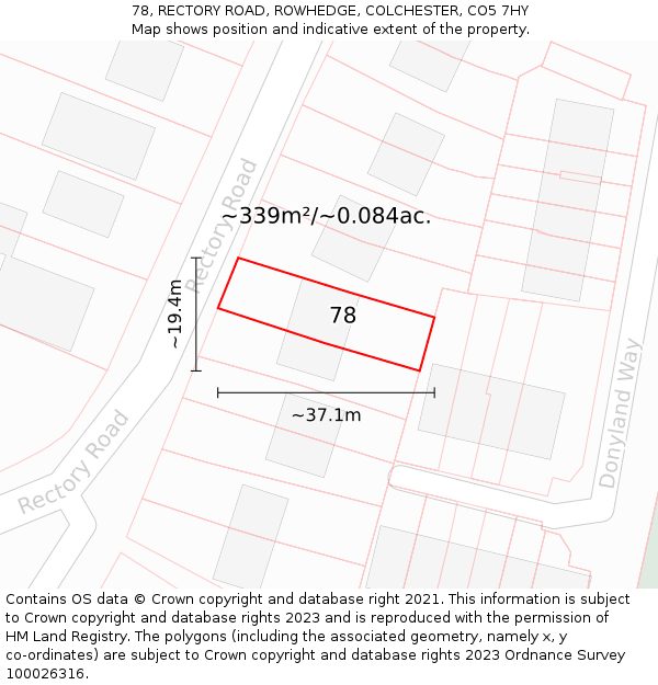 78, RECTORY ROAD, ROWHEDGE, COLCHESTER, CO5 7HY: Plot and title map