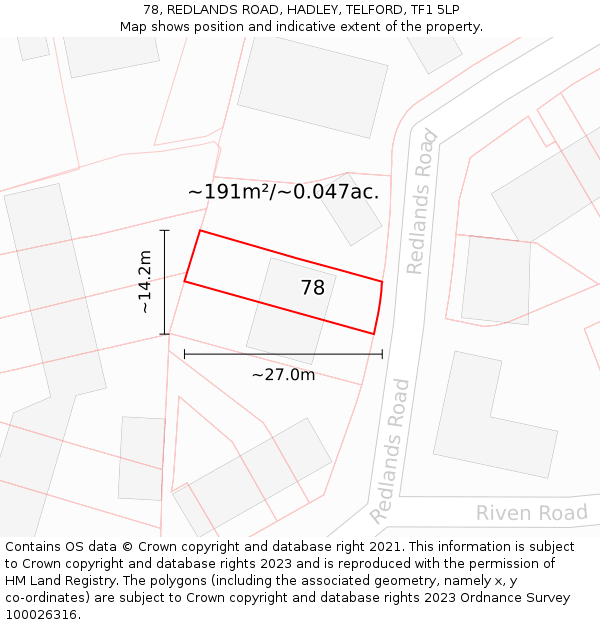 78, REDLANDS ROAD, HADLEY, TELFORD, TF1 5LP: Plot and title map
