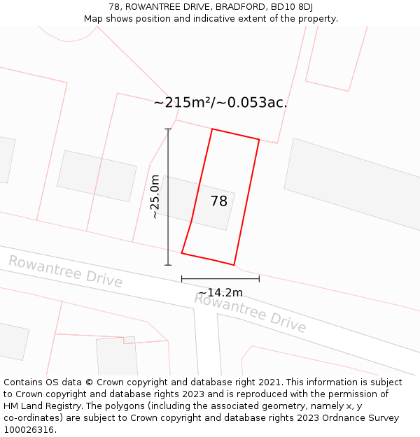 78, ROWANTREE DRIVE, BRADFORD, BD10 8DJ: Plot and title map