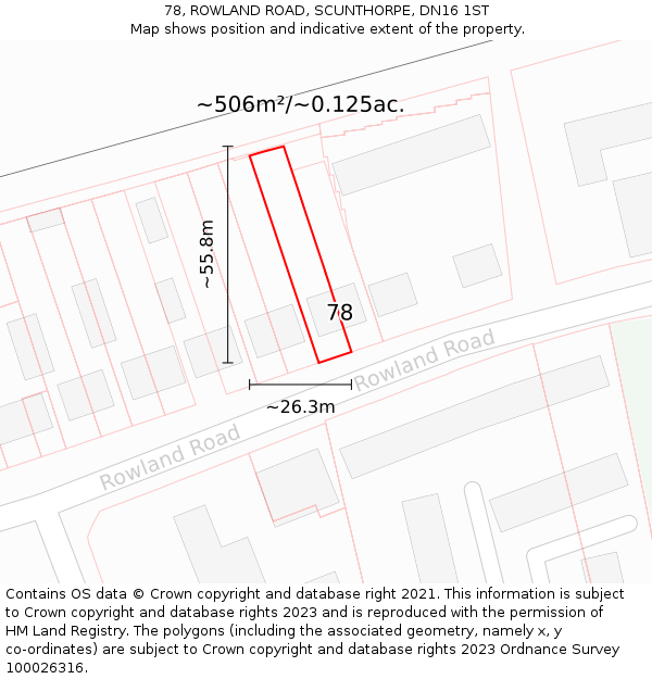 78, ROWLAND ROAD, SCUNTHORPE, DN16 1ST: Plot and title map