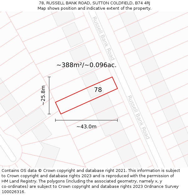 78, RUSSELL BANK ROAD, SUTTON COLDFIELD, B74 4RJ: Plot and title map