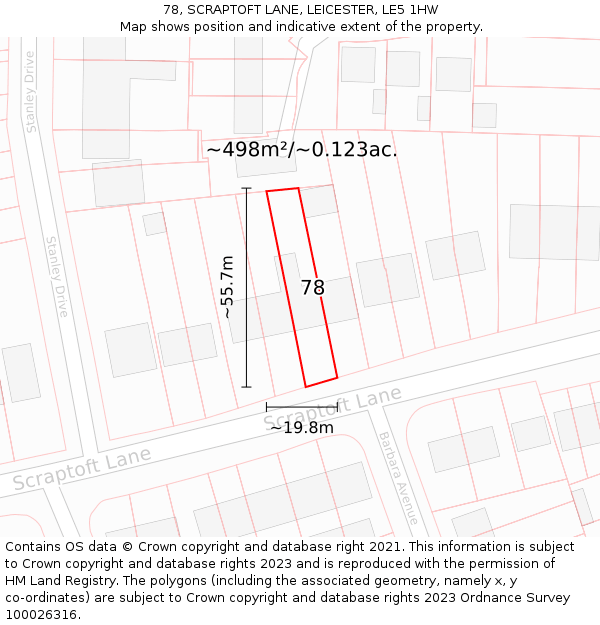 78, SCRAPTOFT LANE, LEICESTER, LE5 1HW: Plot and title map