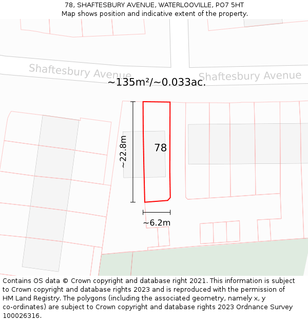 78, SHAFTESBURY AVENUE, WATERLOOVILLE, PO7 5HT: Plot and title map