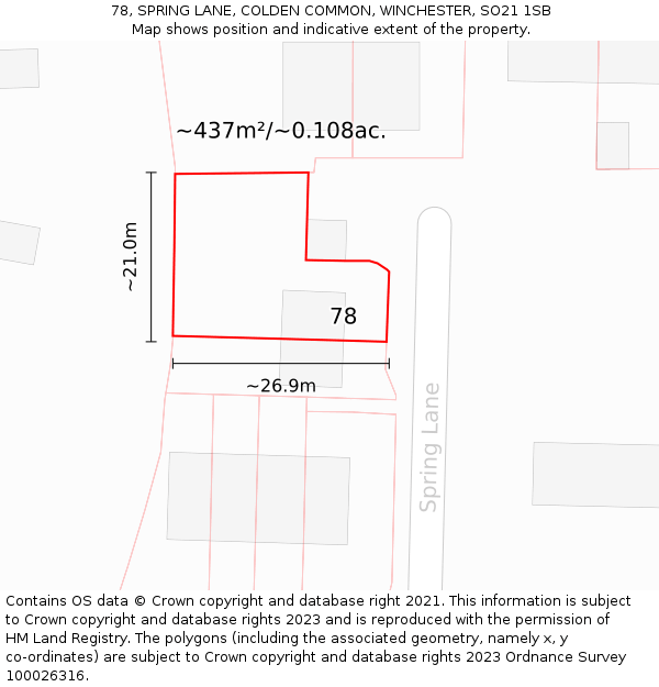 78, SPRING LANE, COLDEN COMMON, WINCHESTER, SO21 1SB: Plot and title map
