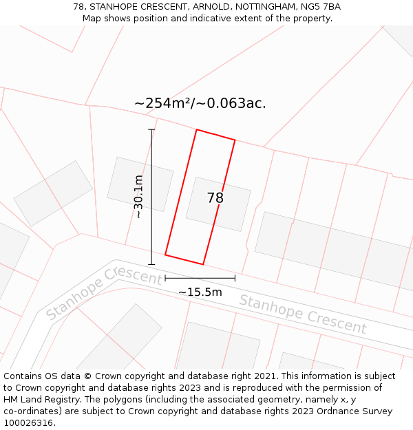 78, STANHOPE CRESCENT, ARNOLD, NOTTINGHAM, NG5 7BA: Plot and title map
