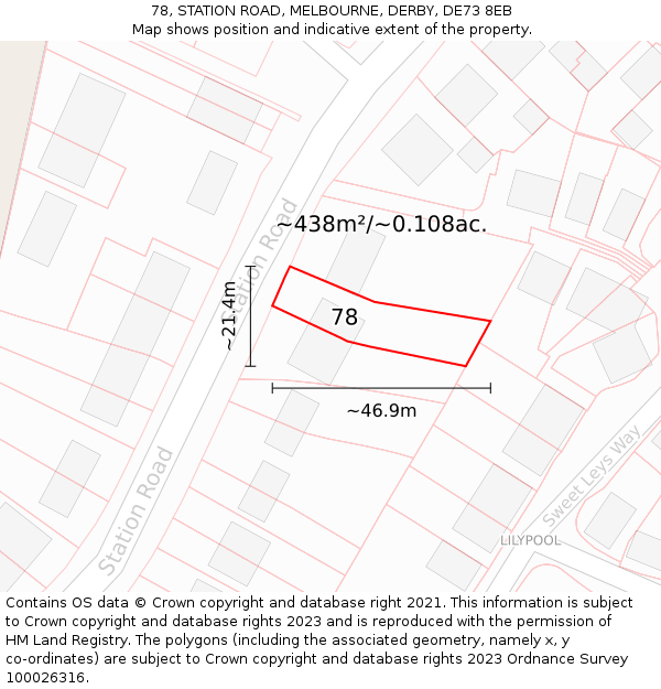 78, STATION ROAD, MELBOURNE, DERBY, DE73 8EB: Plot and title map