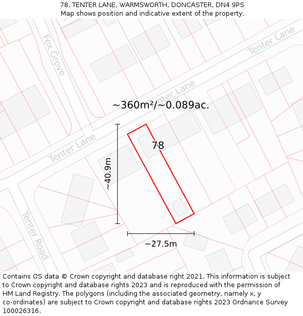 78, TENTER LANE, WARMSWORTH, DONCASTER, DN4 9PS: Plot and title map