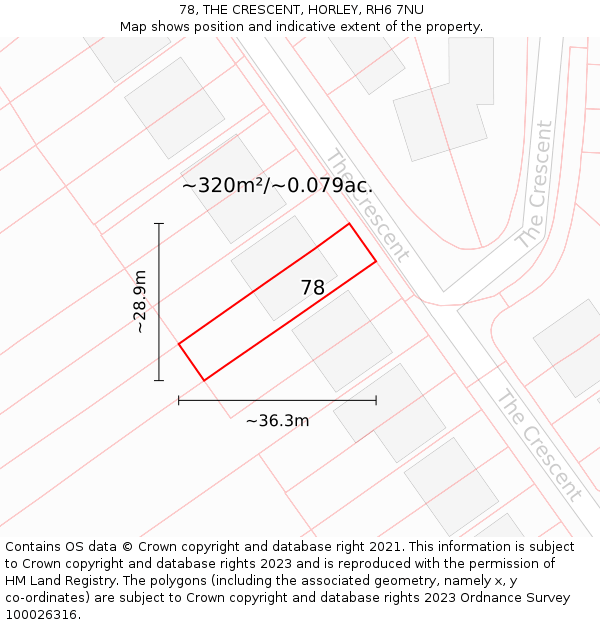 78, THE CRESCENT, HORLEY, RH6 7NU: Plot and title map