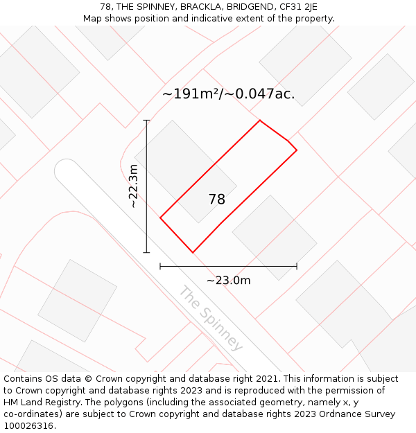 78, THE SPINNEY, BRACKLA, BRIDGEND, CF31 2JE: Plot and title map