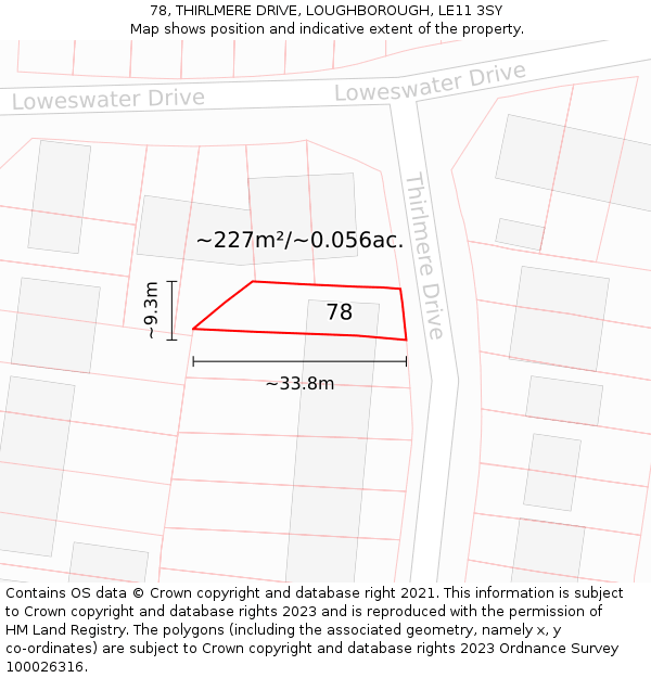 78, THIRLMERE DRIVE, LOUGHBOROUGH, LE11 3SY: Plot and title map